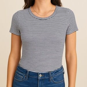 🆕 OLD NAVY Blue/White Striped Slim-Fit Rib-Knit Crew Neck Tee‎ Medium Minimal
